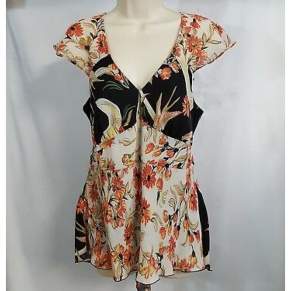 Jonathan Martin Babydoll Top Womens 14 Floral Cap Sleeve Boho Hawaiian Tie Back